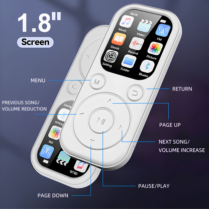 Portable MP4 Player with Bluetooth 5.4, 1.8" Screen | MP3 Music Player with FM Radio, eBook Reader, HiFi Sound & Long Battery Life